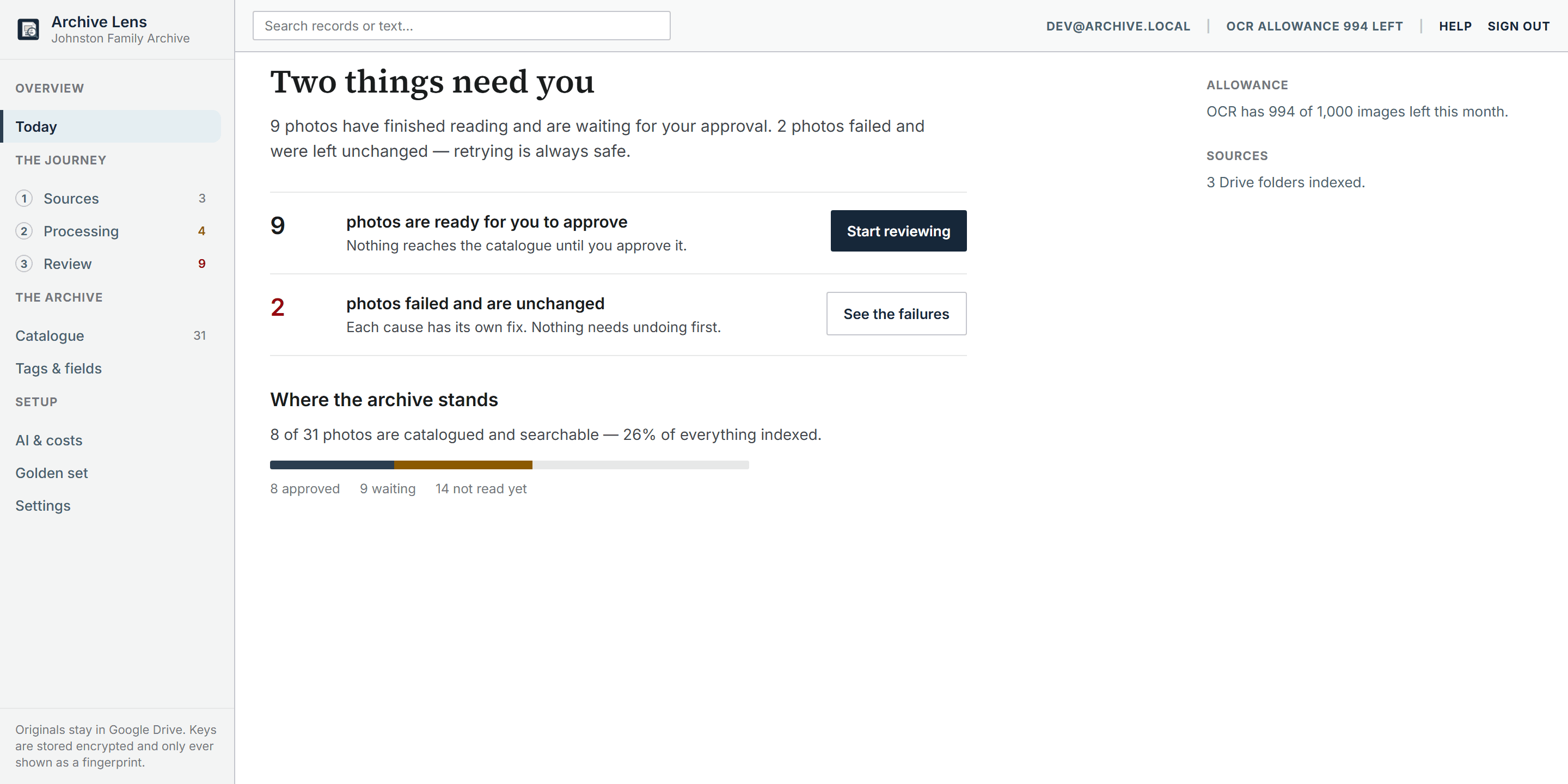 Archive Lens dashboard