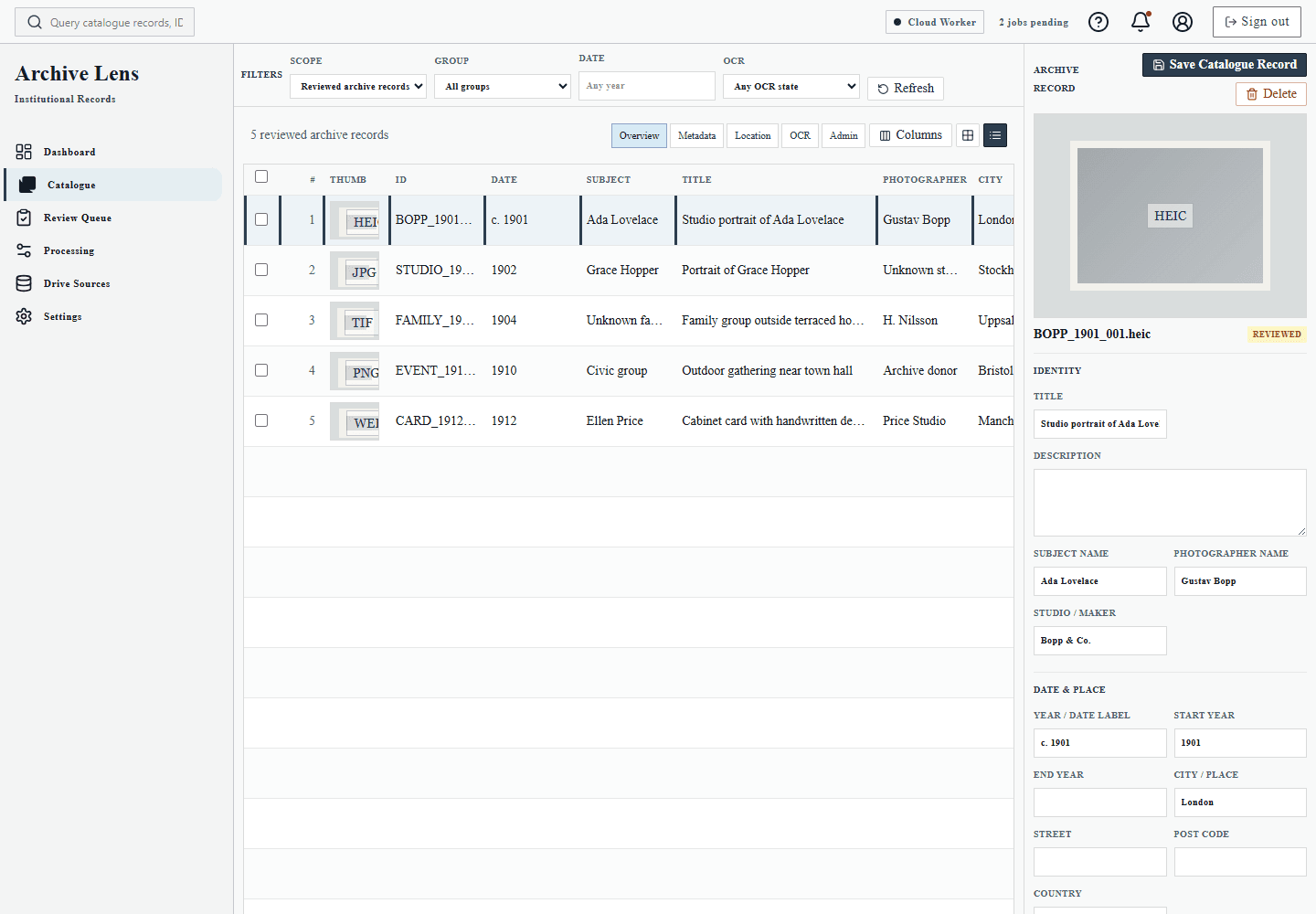 Archive Lens catalogue list showing reviewed historical photo records with sortable metadata columns