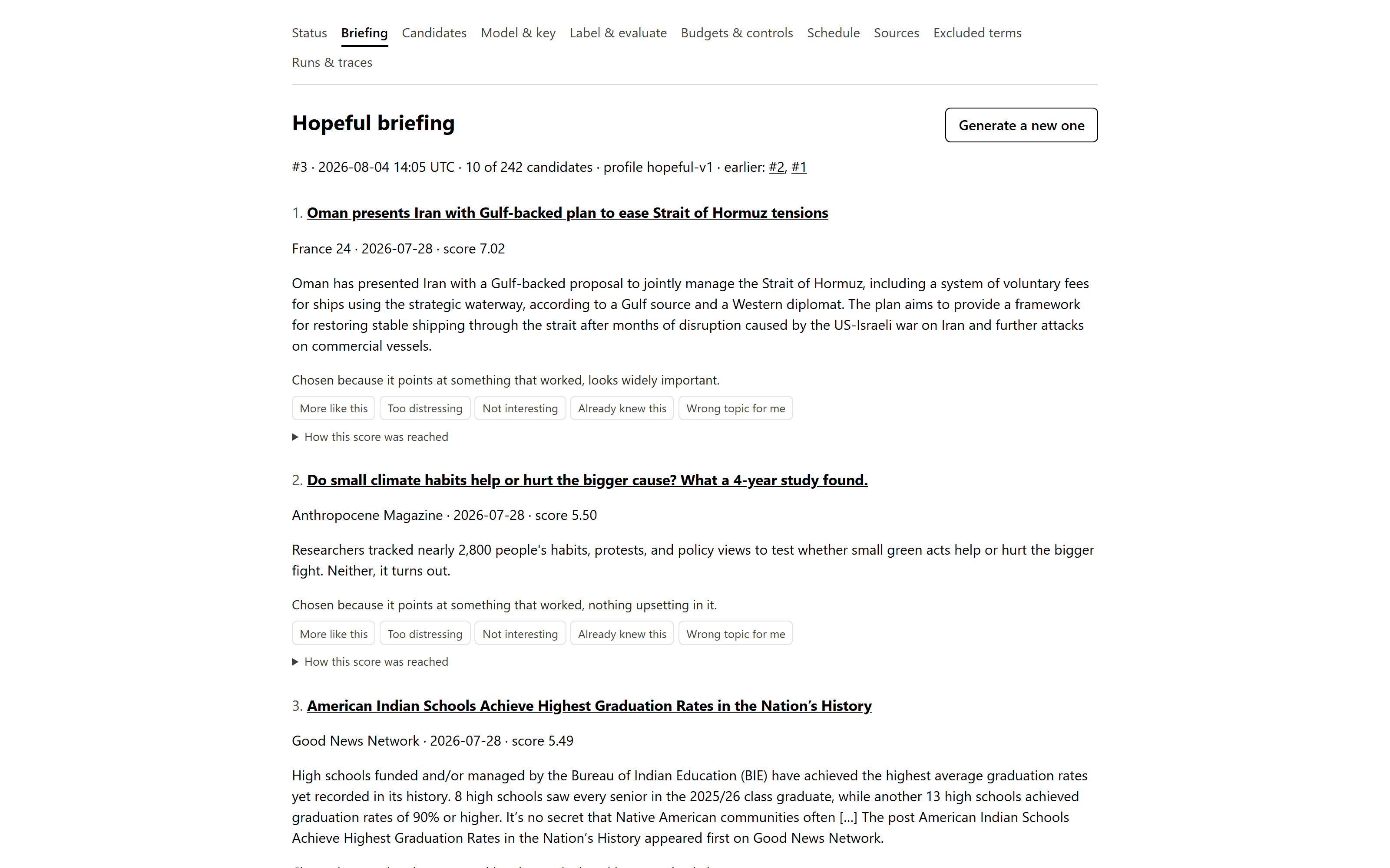 News Agent hopeful briefing page showing ranked articles with scores, a sentence explaining why each was chosen, and feedback buttons