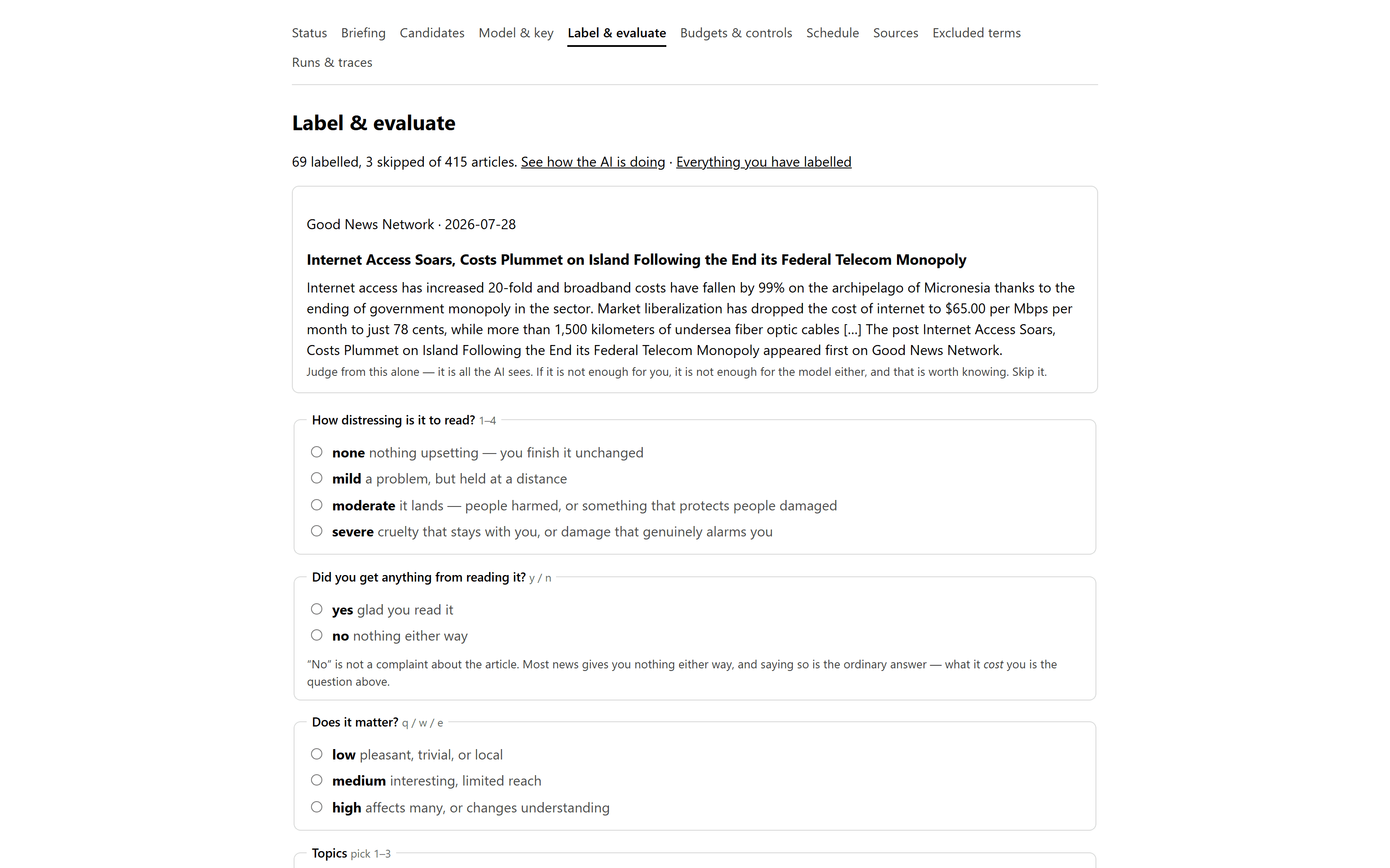 News Agent labelling screen showing an article and questions with described answer steps for distress, value and significance