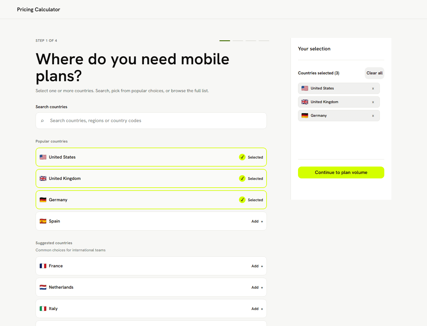 Desktop pricing calculator with selected countries shown in a right-hand summary panel