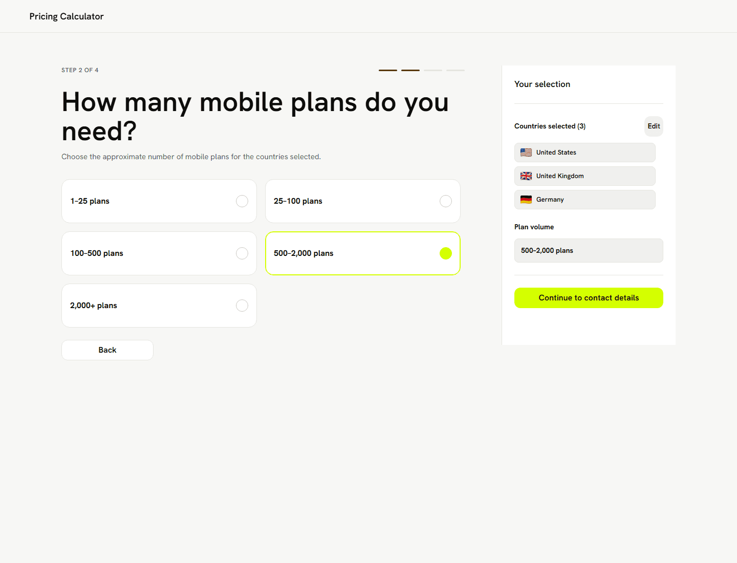 Desktop pricing calculator plan volume step with selected volume reflected in the sidebar.