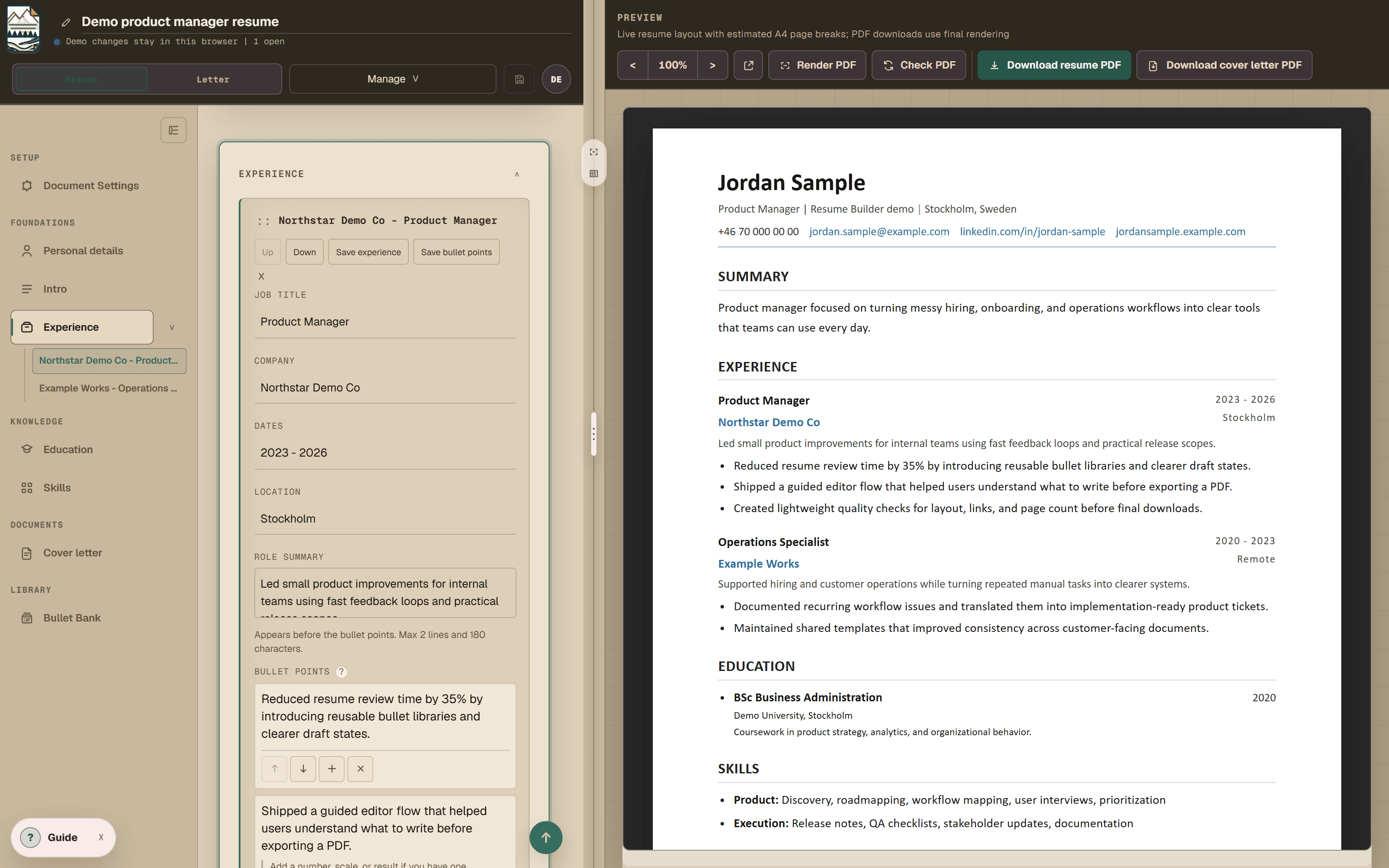 Resume Builder experience editor