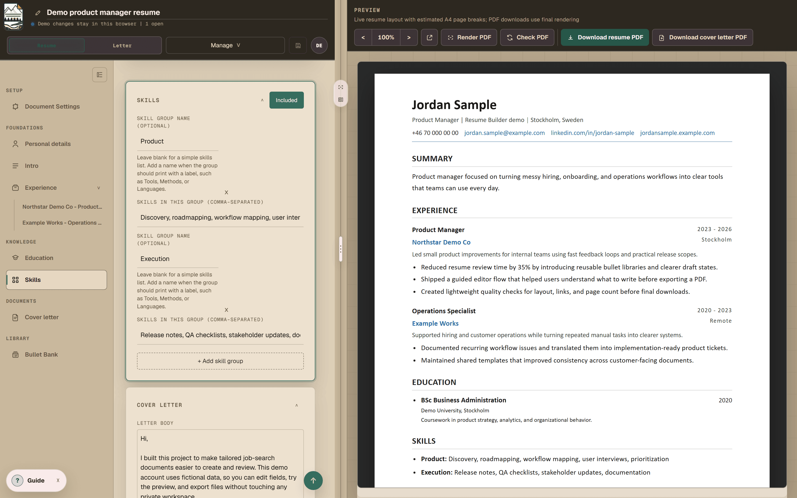 Resume Builder skills panel with two named skill groups, Product and Execution, each a comma-separated list