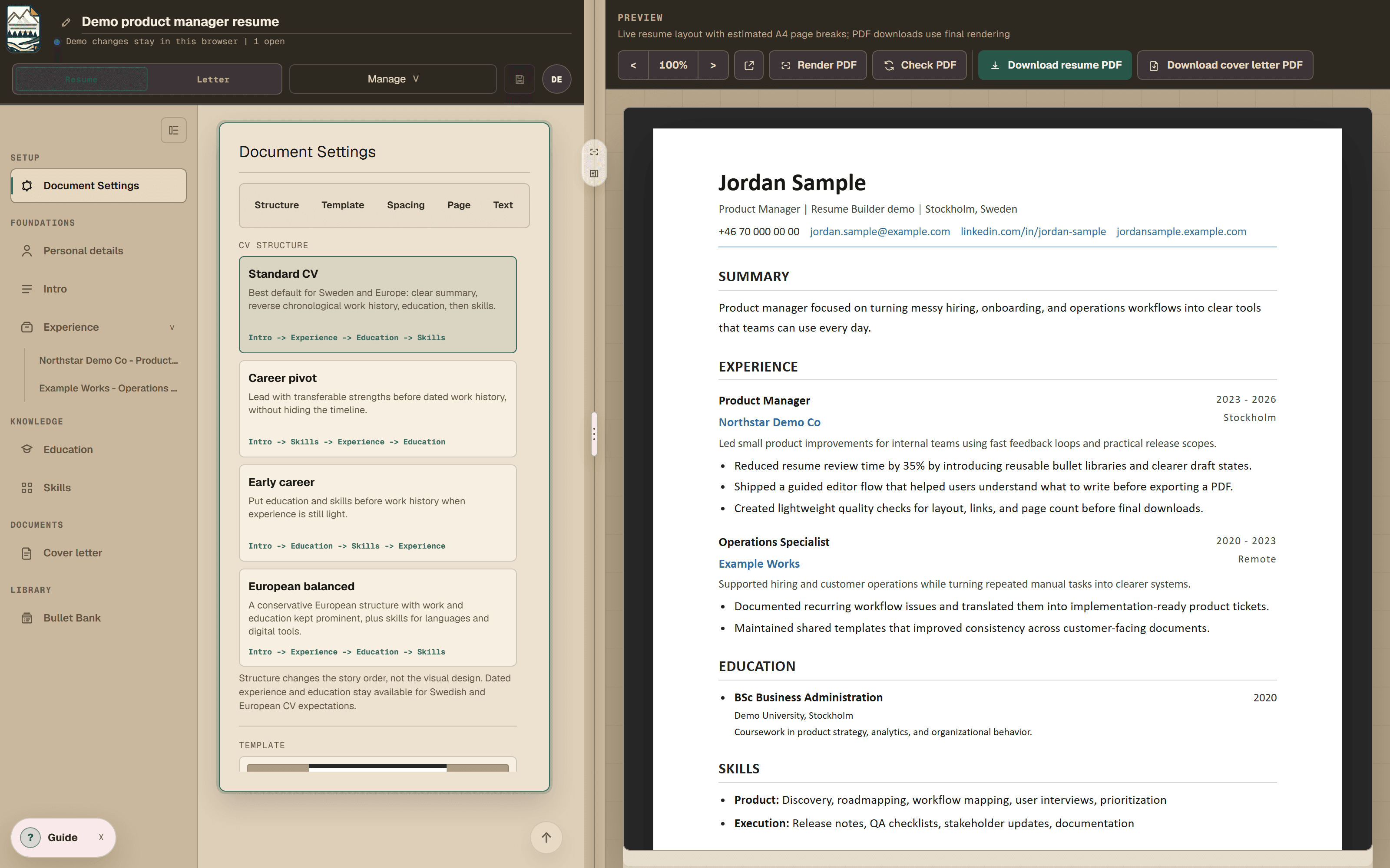 Resume Builder document settings showing four CV structure presets, Standard CV, Career pivot, Early career and European balanced, each with its own section order