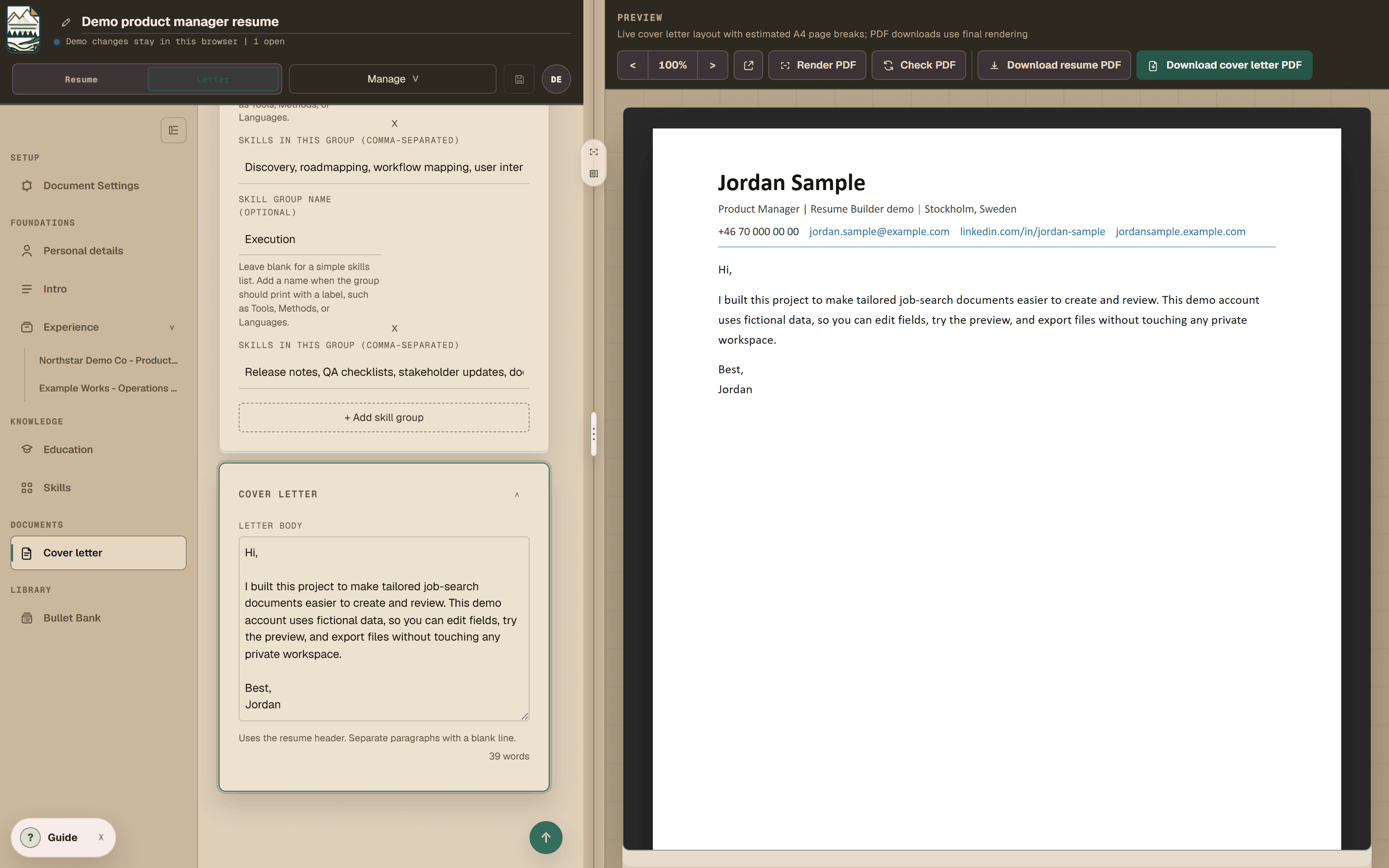 Resume Builder cover letter editor with the letter body on the left and the rendered cover letter on the right, sharing the resume header