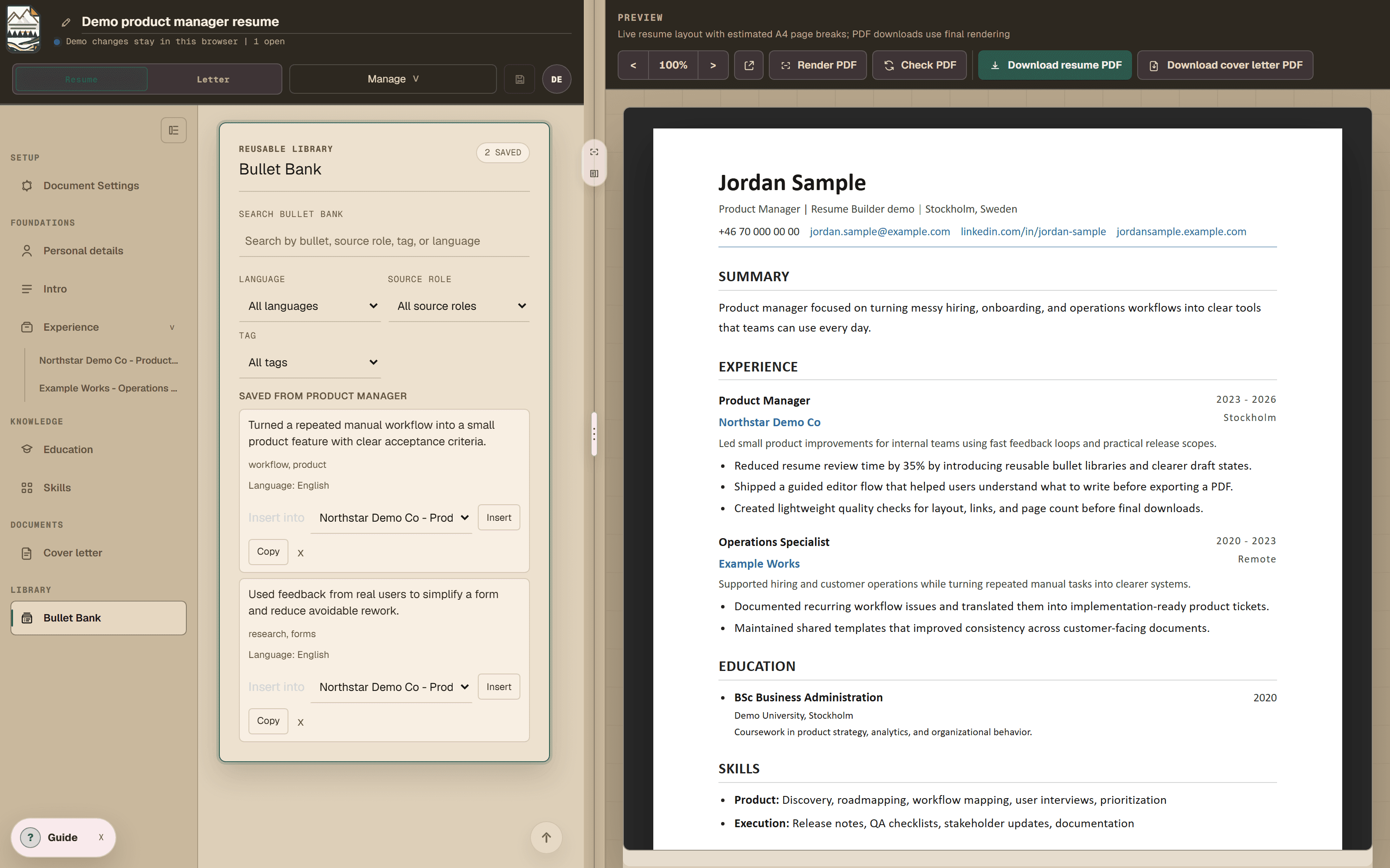 Resume Builder Bullet Bank showing saved bullets with search, language, source role and tag filters, and controls to insert or copy each one
