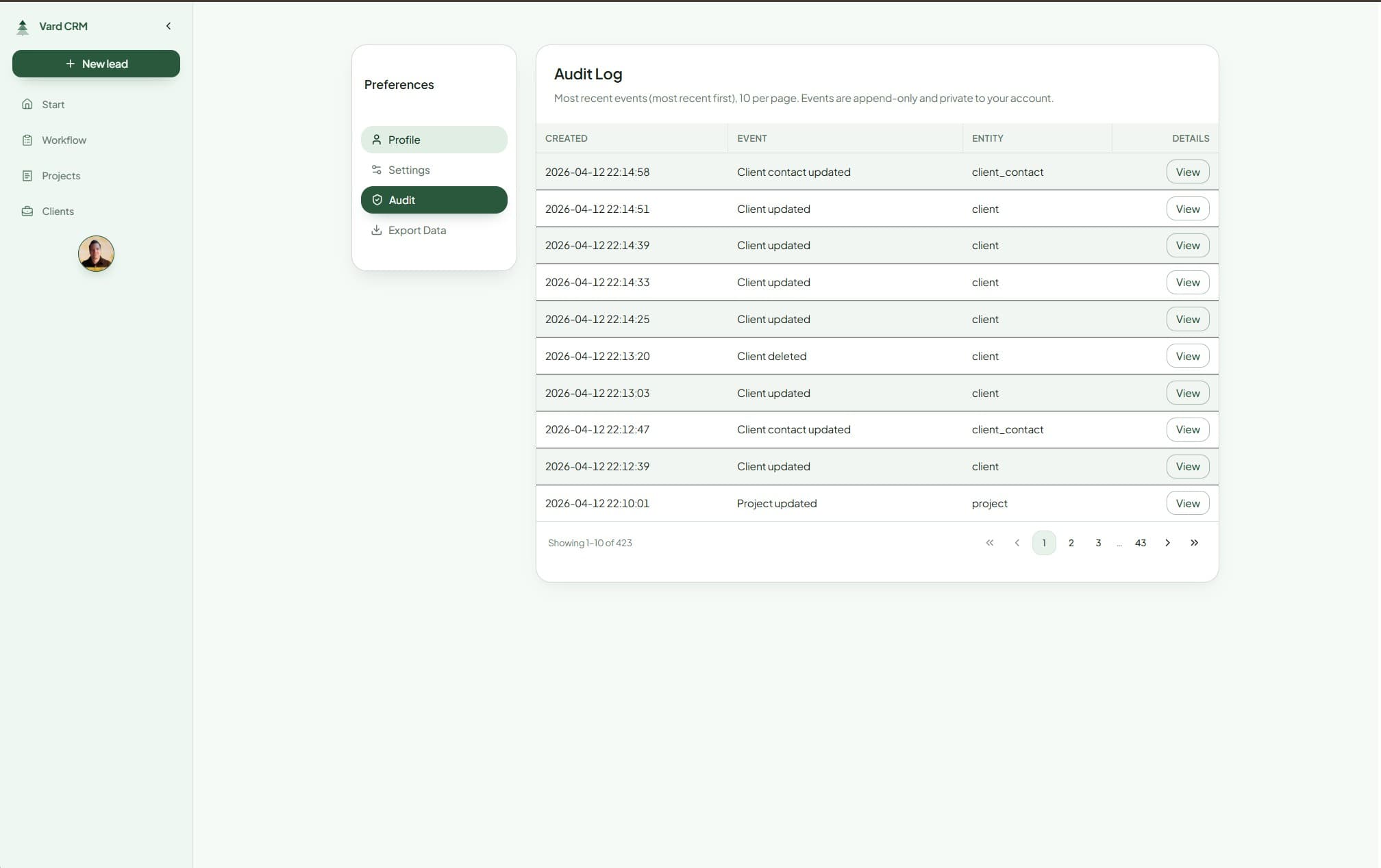 Vard CRM audit log showing recent append-only events