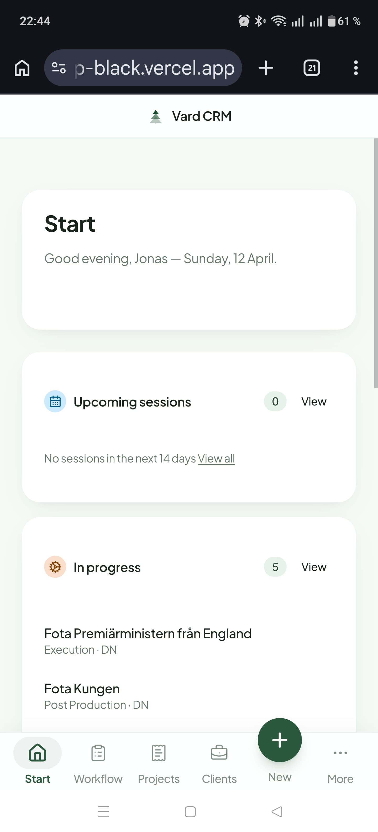 Vard CRM mobile start page showing next actions and bottom navigation