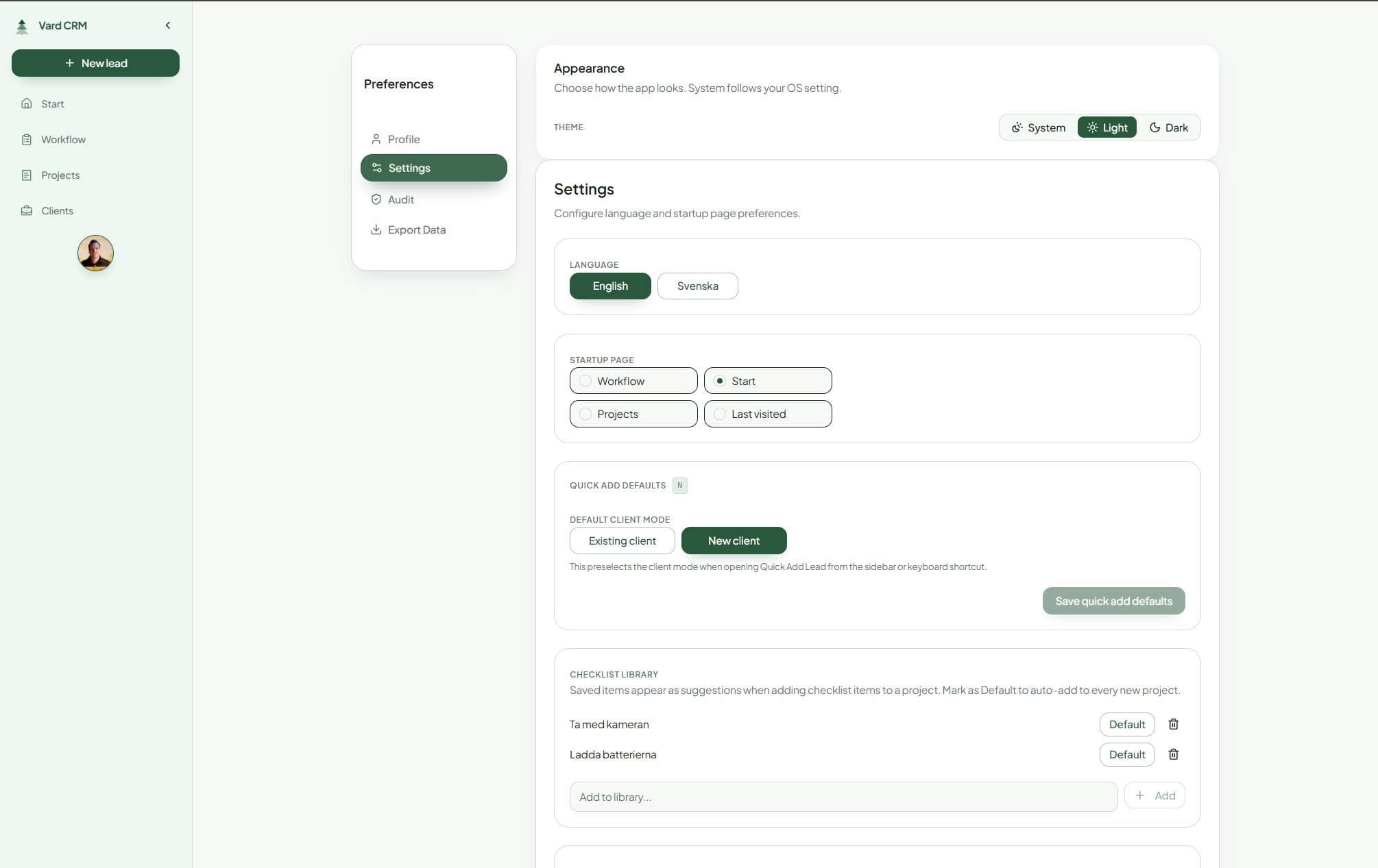 Vard CRM preferences screen showing appearance, language, startup page, and checklist defaults