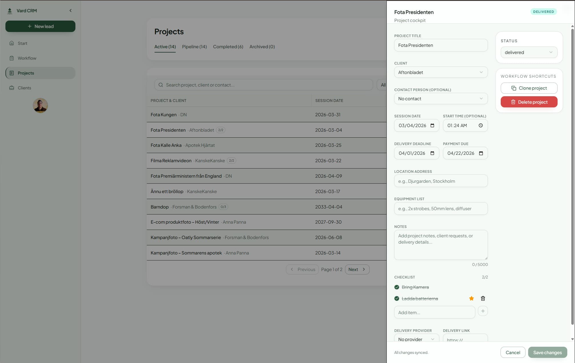 Vard CRM project detail panel with status, client, session date, checklist, and save controls