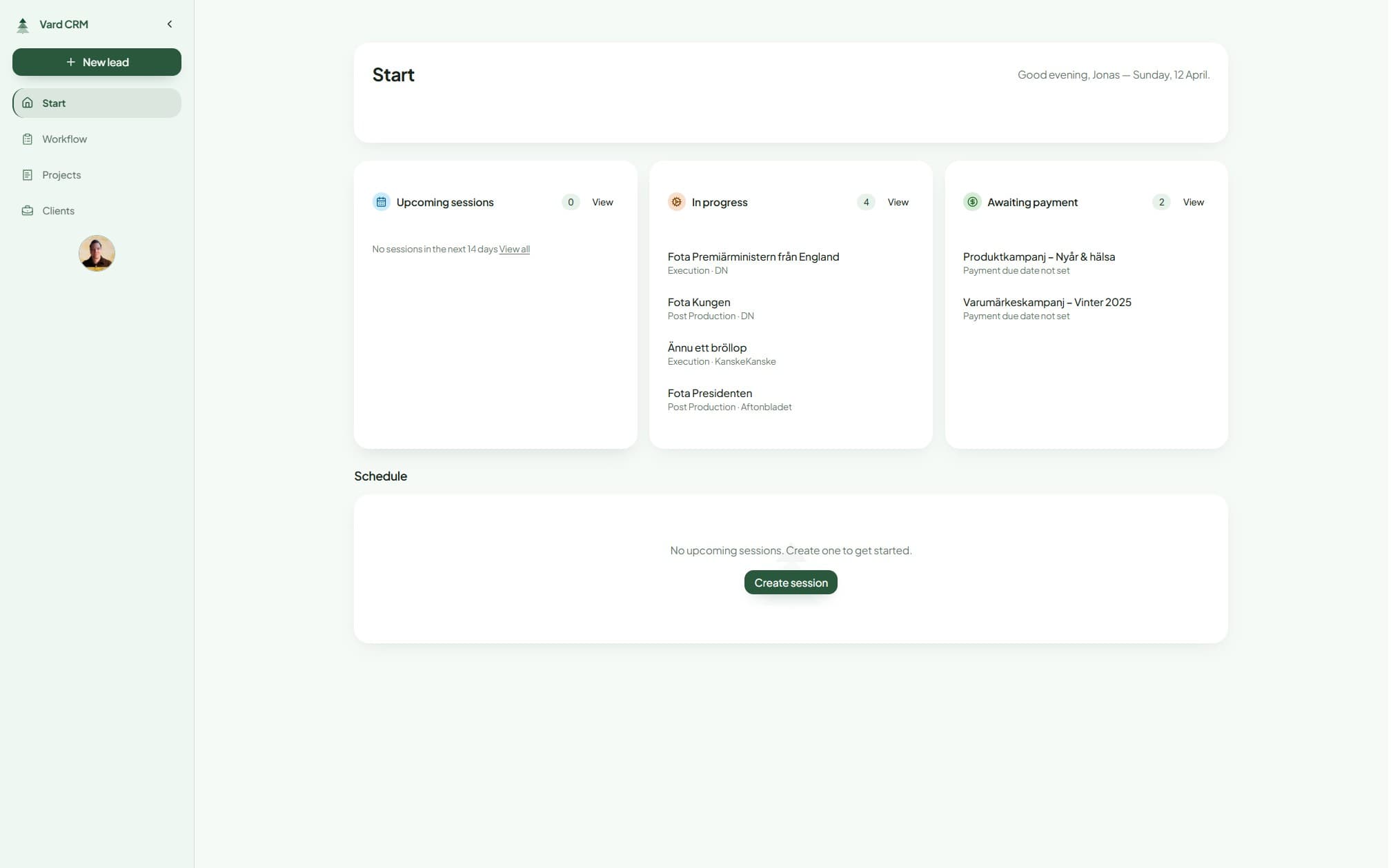 Vard CRM start page showing upcoming sessions, work in progress, and awaiting payment