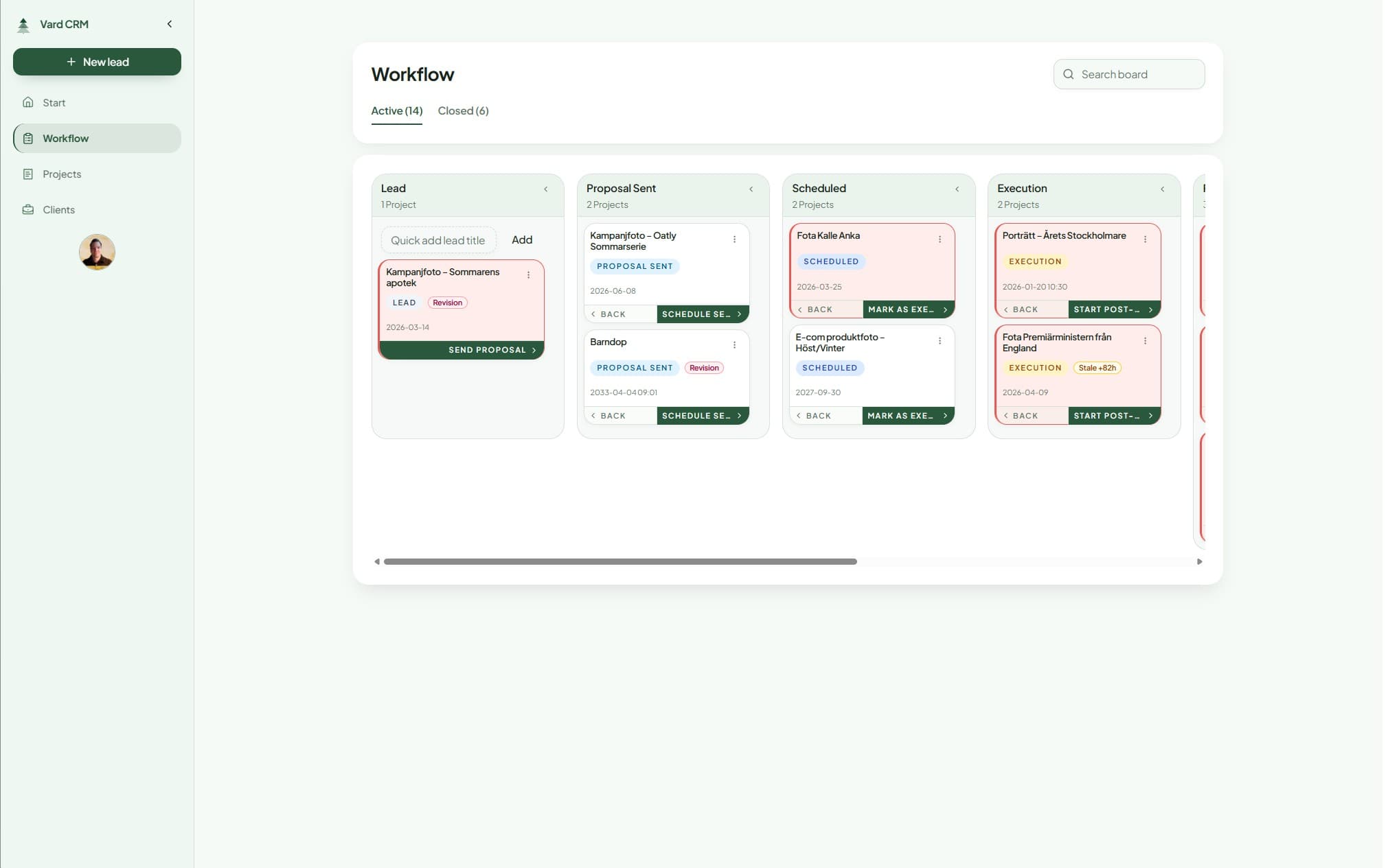Vard CRM workflow board with projects grouped by pipeline status